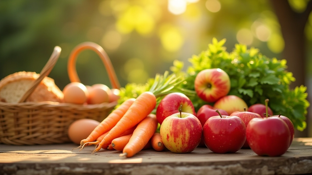 Marché fermier avec fruits et légumes frais, panier d'achat réutilisable, reçus de courses étales sur table en bois, lumière naturelle chaleureuse