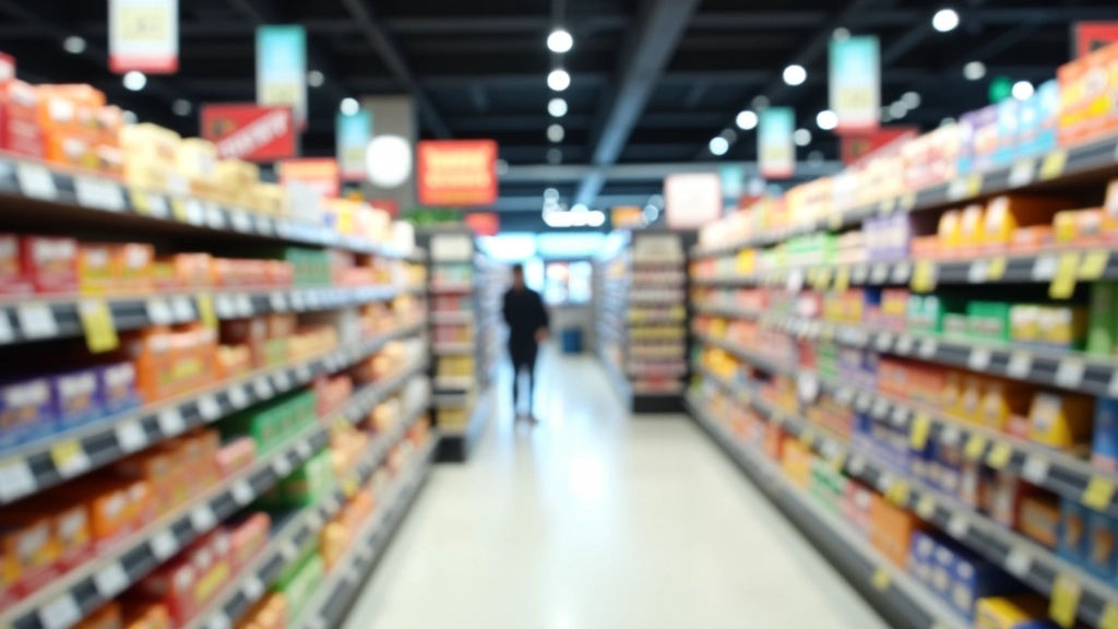 Intérieur d'un supermarché avec des étiquettes de promotion visibles, rayons d'alimentation avec des prix réduits pour les étudiants