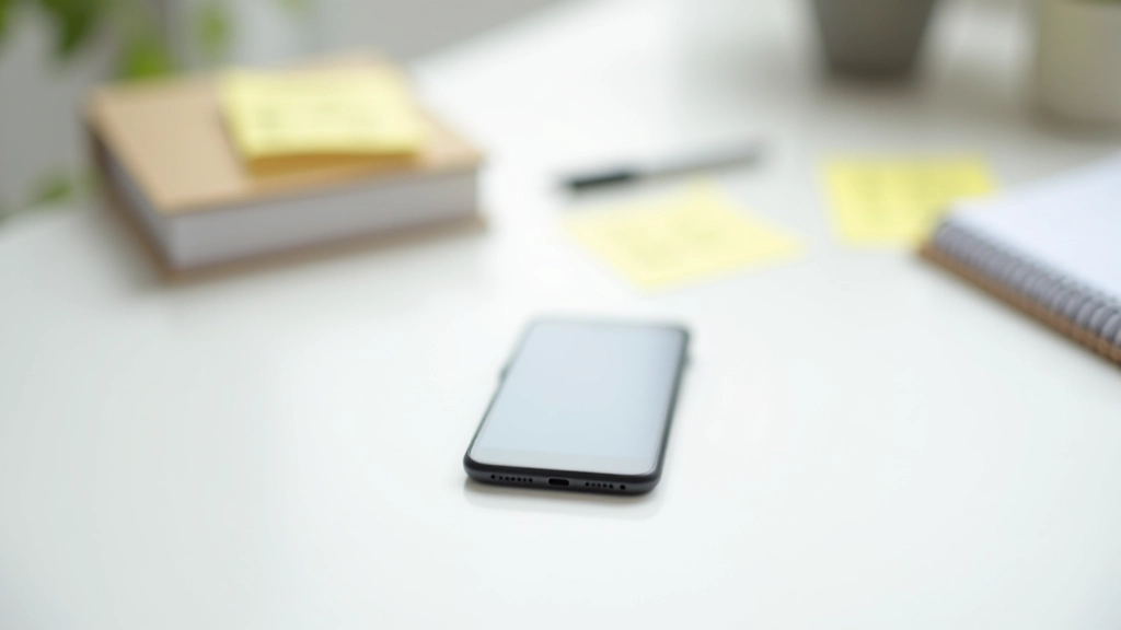 Gros plan sur un téléphone mobile moderne sur bureau blanc avec notes autocollantes de budgetisation et stylo à côté, lumière naturelle de fenêtre