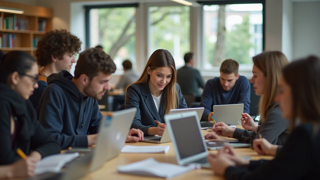 Étudiants travaillant dans un environnement universitaire moderne avec ressources d'apprentissage