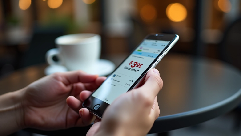 Écran de smartphone affichant une application de réductions étudiantes avec liste de codes promotionnels, dans les mains d'une personne dans un café