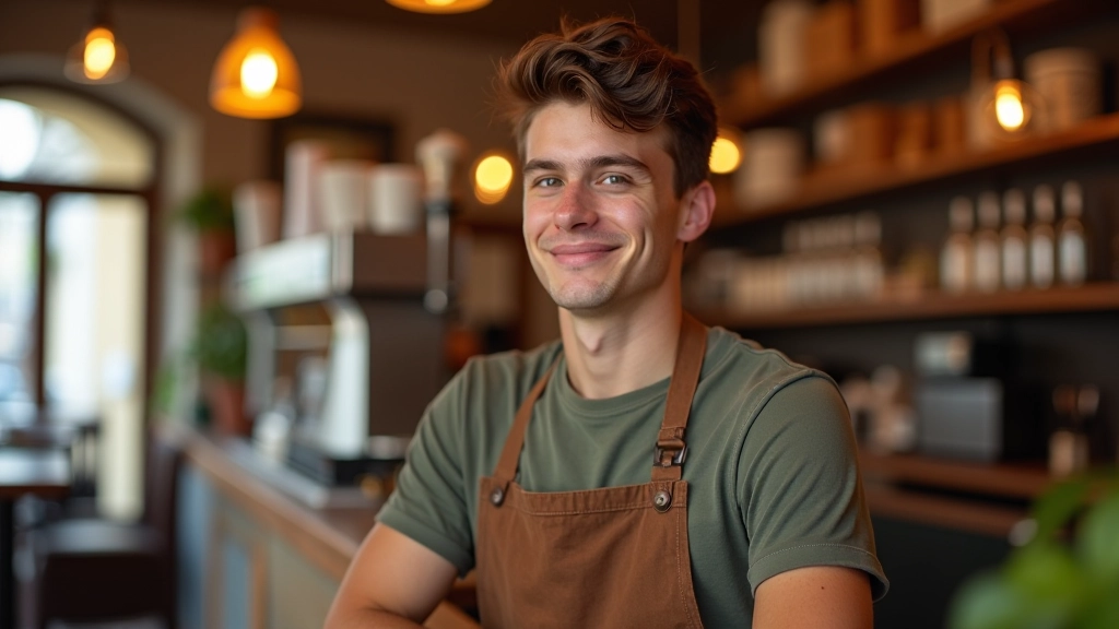 Jeune étudiant souriant travaillant dans un café avec ses heures et salaire affichés