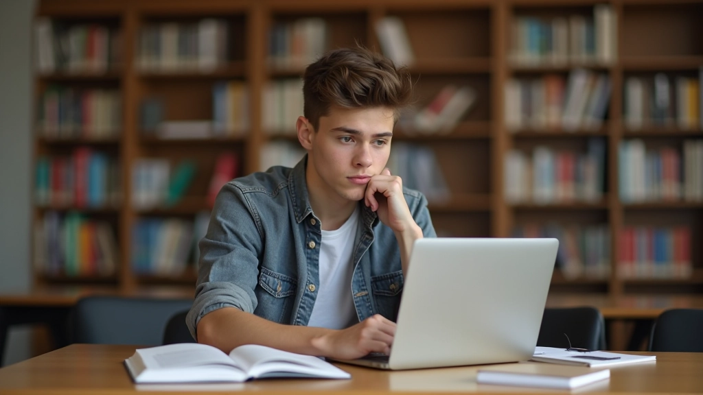 Étudiant travaillant sur un ordinateur portable dans une bibliothèque universitaire, avec des livres et notes