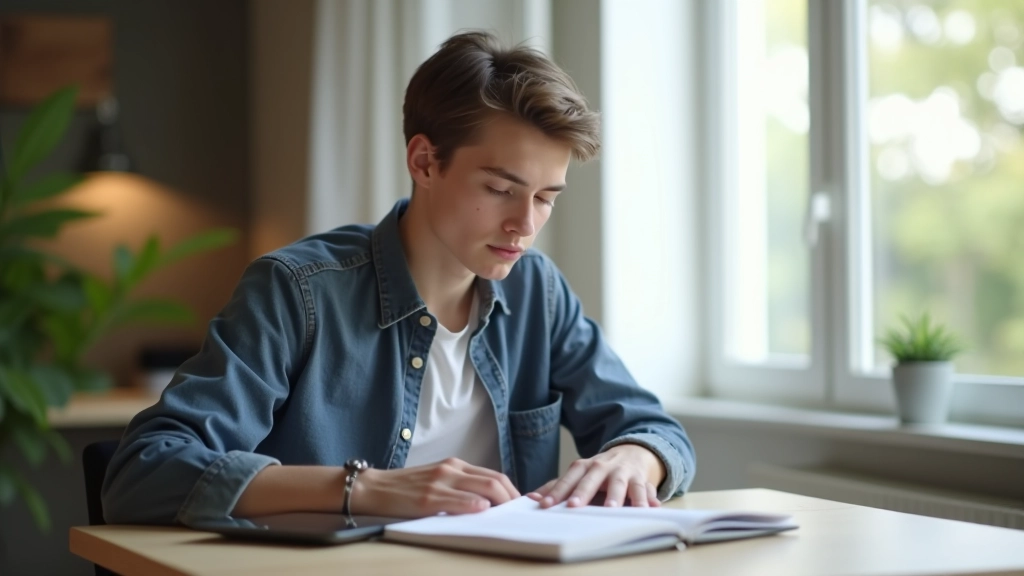 Étudiant travaillant sur son budget avec documents et calculatrice sur un bureau moderne