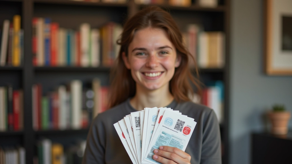 Jeune étudiant tenant une pile de cartes d'avantages et de coupons de réduction, souriant, dans une bibliothèque universitaire avec des livres en arrière-plan