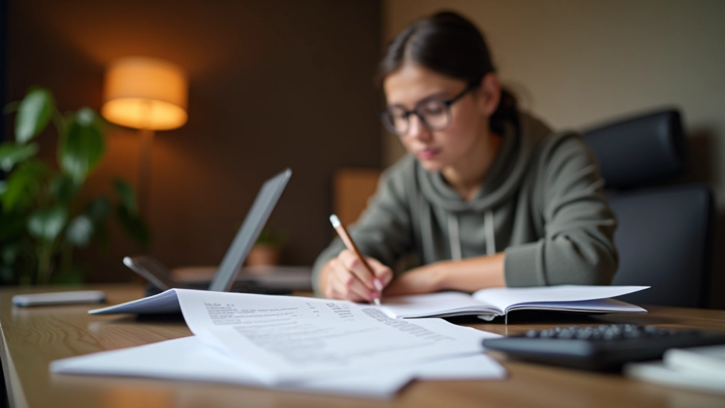 Étudiant planifiant son budget avec des documents et une calculatrice sur un bureau organisé