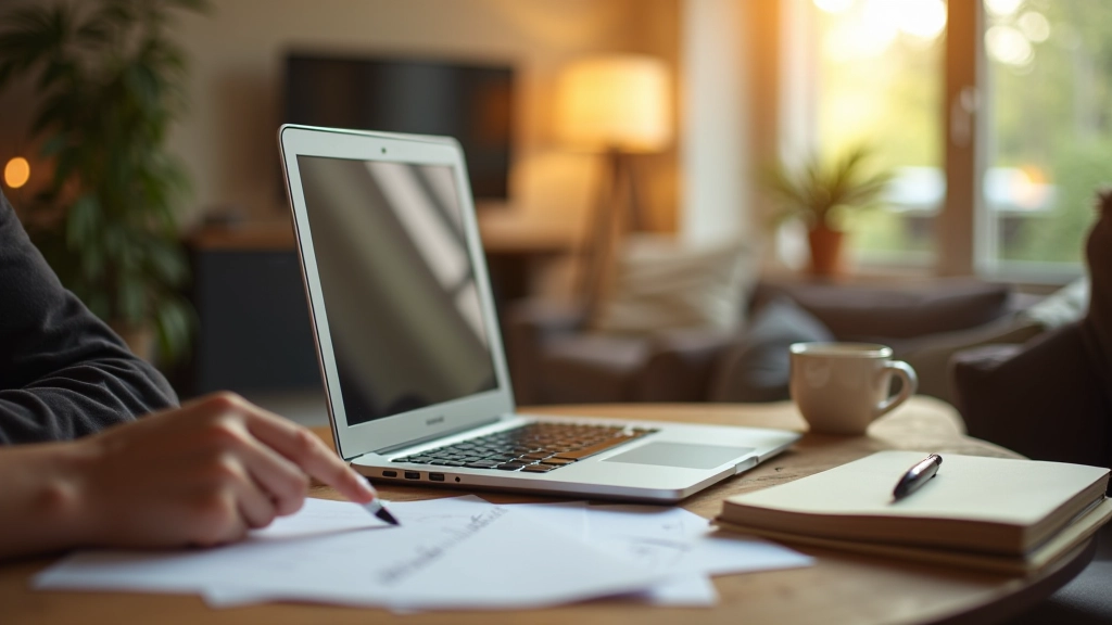 Étudiant travaillant sur son budget avec un ordinateur portable et un cahier sur un bureau moderne