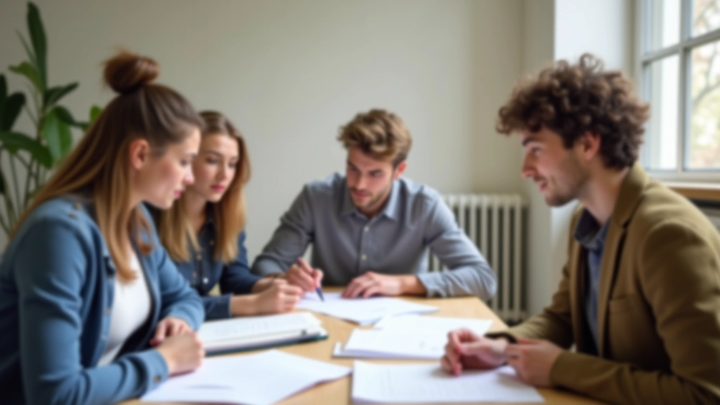 Étudiants discutant ensemble autour d'une table avec documents administratifs