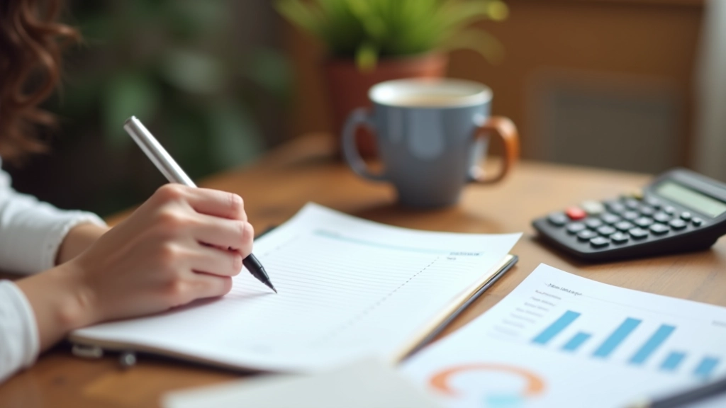 Main d'une femme écrivant dans un carnet de budget sur table de travail avec calculatrice et graphiques imprimés, café en arrière-plan