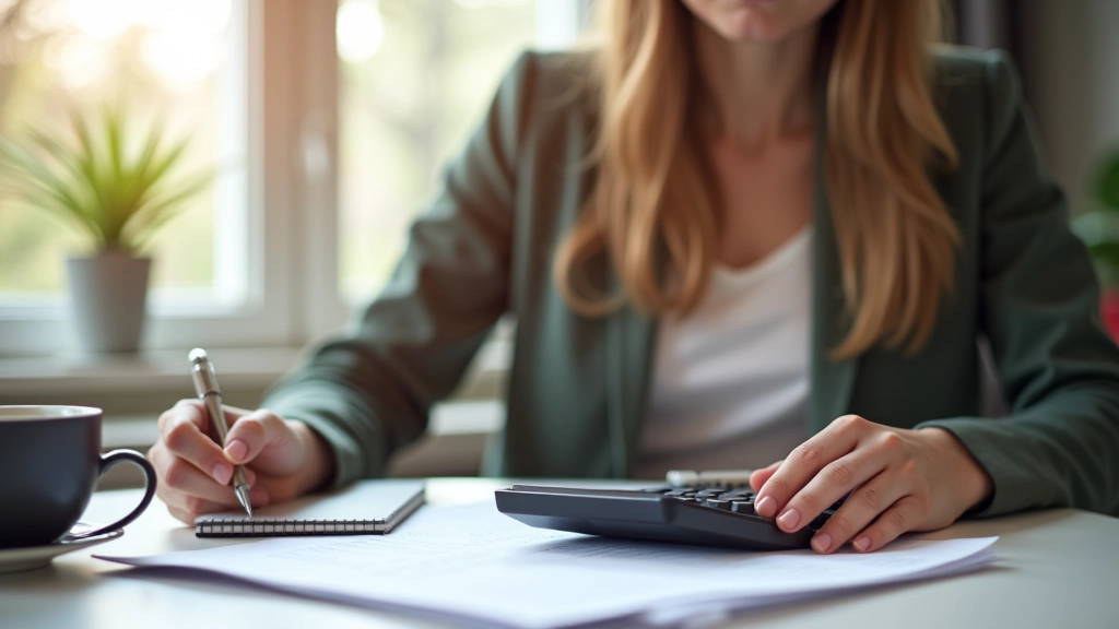 Étudiante planifiant son budget avec calculatrice et documents