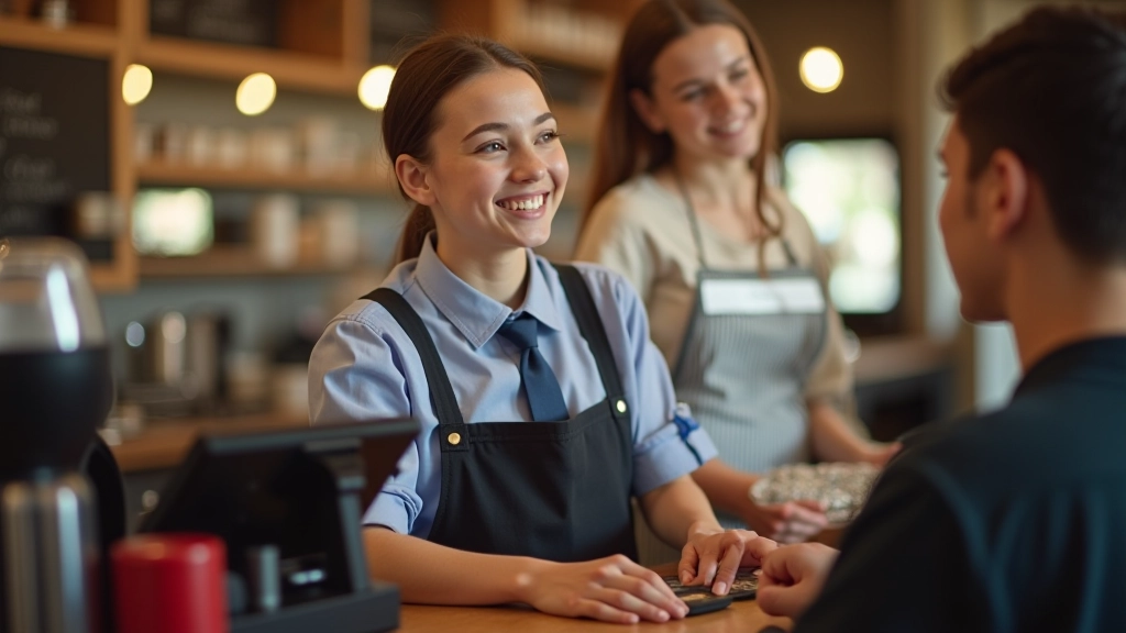 Étudiant travaillant à temps partiel dans un café avec un sourire, gérant ses heures et son salaire