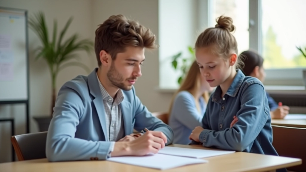 Jeune étudiant travaillant comme tuteur avec un élève plus jeune, dans une salle d'étude avec tableau blanc