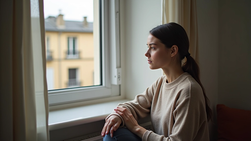 Jeune femme dans un petit studio regardant par la fenêtre avec des documents de location